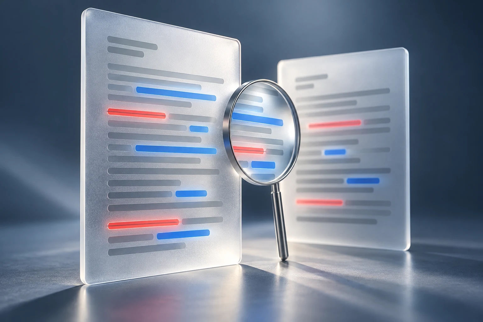 Deux documents en verre illustrent des modifications en bleu et corail.