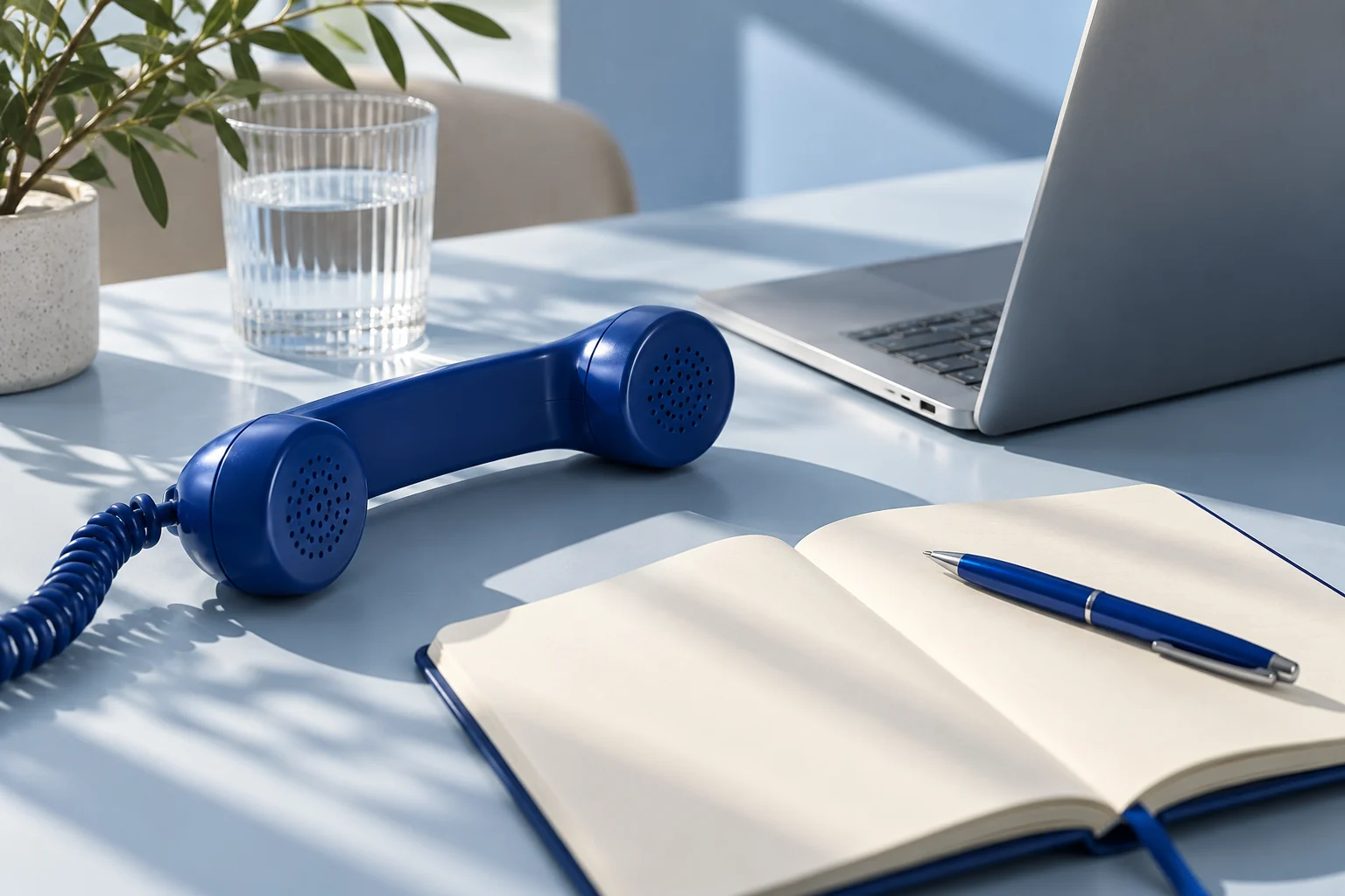 Téléphone bleu et carnet ouvert sur un bureau.