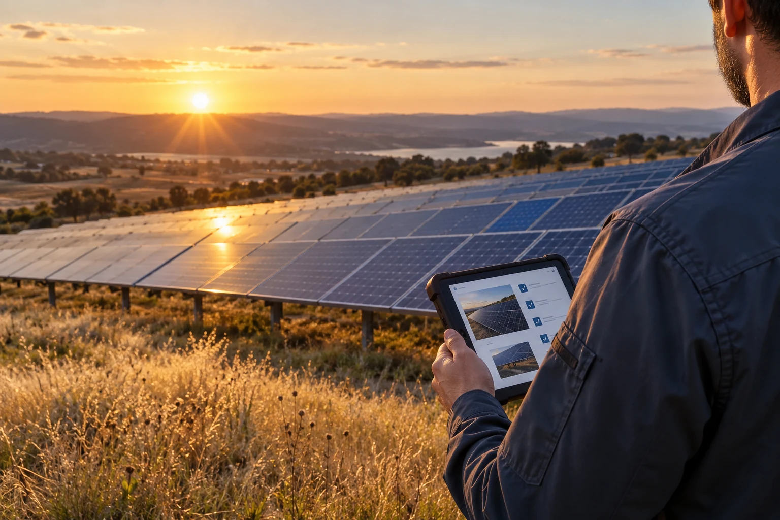 Un technicien consigne une visite sur tablette dans un parc solaire.